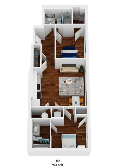 Floor plan for 2 beds, 2 baths, 1007 sqft